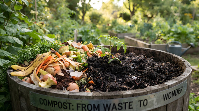 A wooden barrel used for composting organic kitchen food waste in a lush vegetable garden.