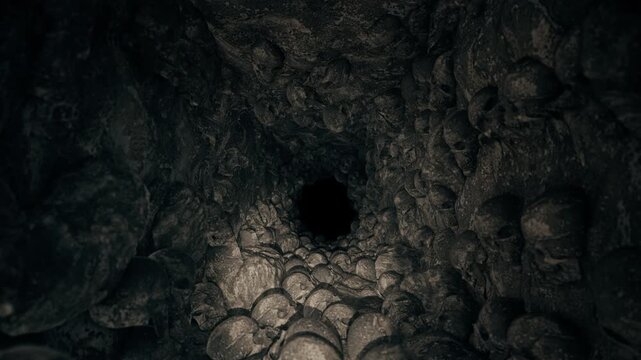 Entering the Darkness A Spooky Journey Through a Cave Adorned with Ancient Skulls