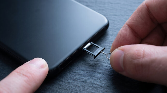 Close up of hand using eject pin tool to remove sim card tray from black smartphone on dark background