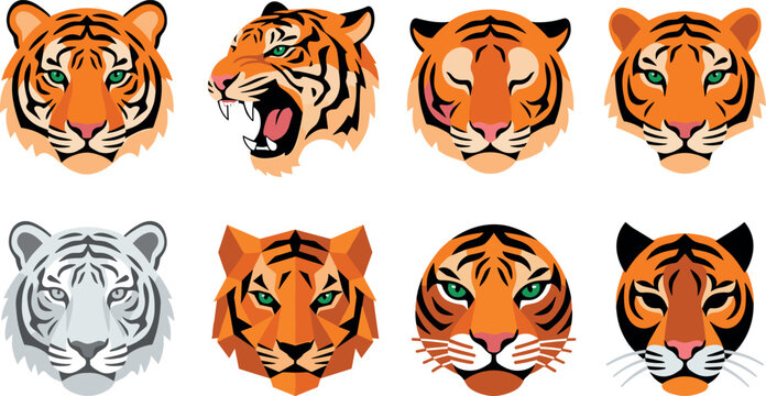 Tiger head mascot and portrait vector icon set featuring orange and white tiger faces roaring growling sleeping and geometric low poly designs