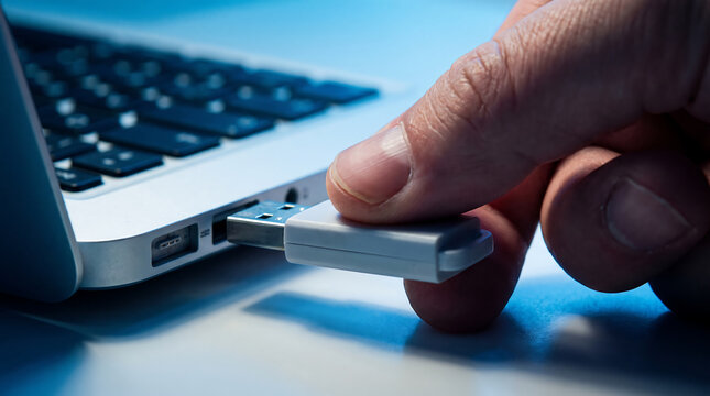 Close up of hand inserting white usb flash drive into laptop computer port for data transfer and file backup