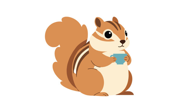 Cute cartoon chipmunk with a big tail holding a small blue tea cup on a plain white background.