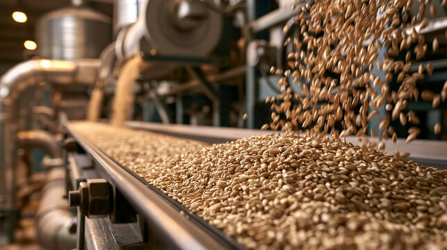 Grain pouring onto a conveyor belt in a factory for food processing and packaging. Industrial production concept for agricultural commodities.