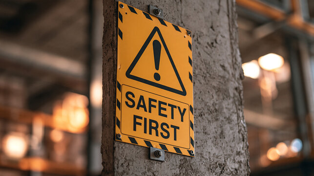 Safety first sign mounted on a concrete pillar in a blurred industrial factory setting. Symbolizes workplace hazard prevention and occupational health policies.