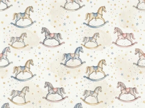 Rocking horse pattern with watercolor toys and stars repeats across a textured neutral background.