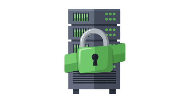 Secure Server Rack Illustration with Green Padlock for Data Protection and Cybersecurity Concepts