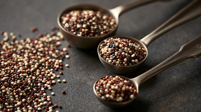 Trio of measuring spoons filled with colorful raw quinoa seeds on a dark textured background. Use for healthy superfood recipes and nutrition marketing imagery.