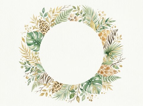 Tropical leaf wreath with safari animal skin patterns encloses a blank circular space on a light background.