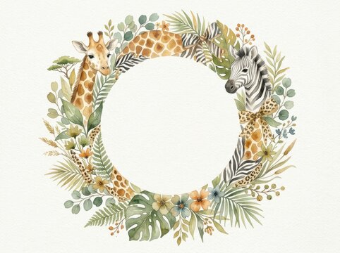 Safari animal watercolor wreath with a giraffe, zebra, and tropical leaves surrounds a circular copy space.