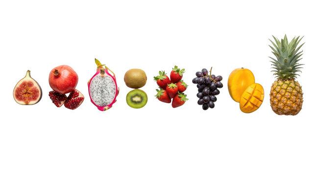Fresh variety of tropical and summer fruits arranged in a row including pineapple mango grapes and strawberries