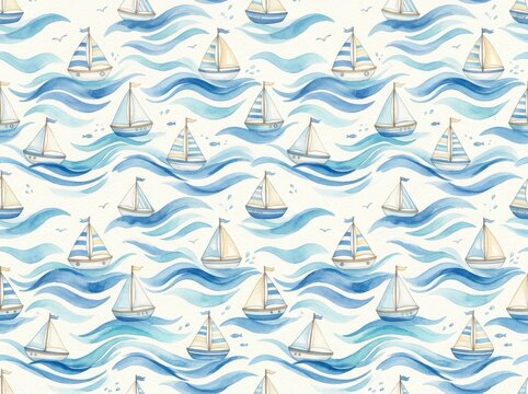 Sailboats drift across gentle watercolor waves in a seamless nautical pattern design.