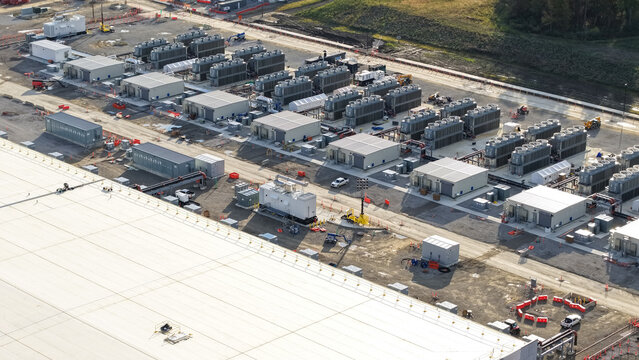 Aerial view odf Data center Industrial facility construction site with energy storage units
