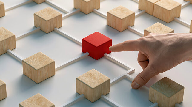 Process bottleneck concept showing hand pressing red wooden block within connected network of plain wooden blocks and pathways