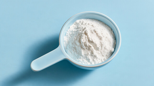 Baking soda in a ceramic scoop on a blue background. Ideal for culinary and cleaning product advertisements.