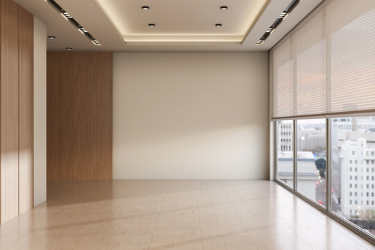 Empty Office Space with Panoramic City View Windows and Blank Feature Wall