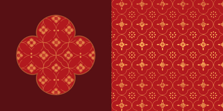 Red and gold floral ornament with repeating cloverleaf pattern