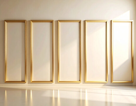 Five Vertical Empty Frames in Gold Frame Geometric Gallery Interior Wall Mockup Showcasing Elegant Modern Decor And Stylish Artwork Presentation