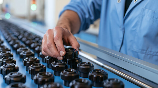 Technician inspecting optical component on production line with focused quality control in industrial factory environment