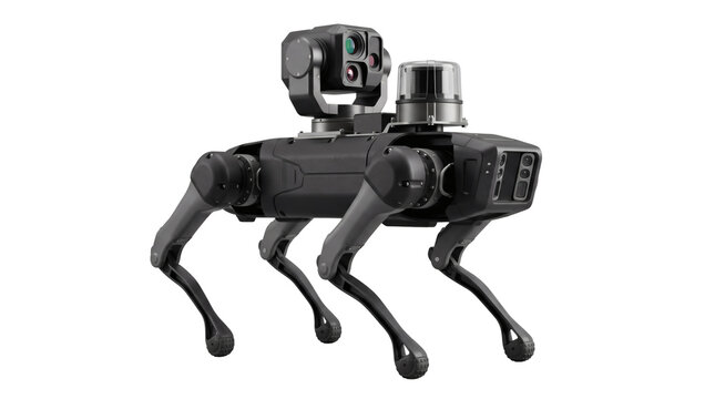 Agile quadruped robotic dog, autonomous black four legged robotic quadruped robot equipped with sensor camera head and joints. Next generation robotic scout exploration on transparent background.