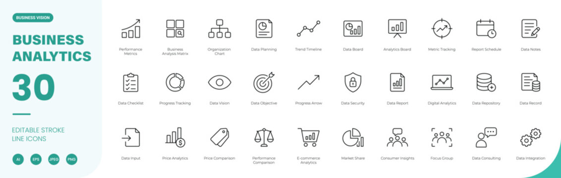 business analytics icon line style data insights metrics editable stroke vector set