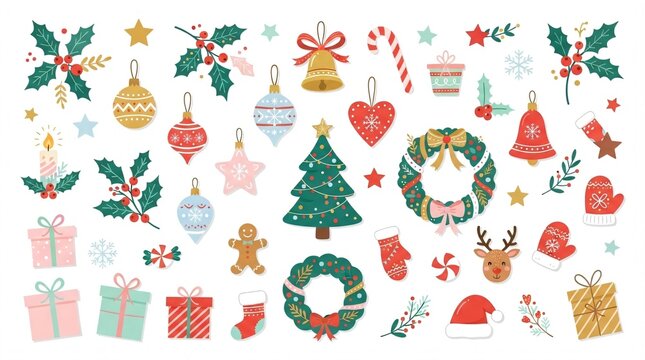 Christmas Holiday Decorative Elements Set with Ornaments, Holly, Wreaths, Gifts and Festive Botanical Illustrations