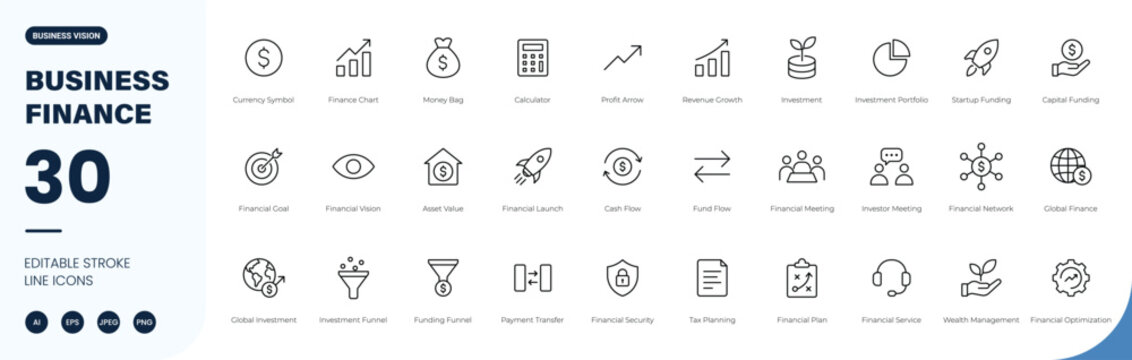 business finance icon line style investment funding management editable stroke vector set