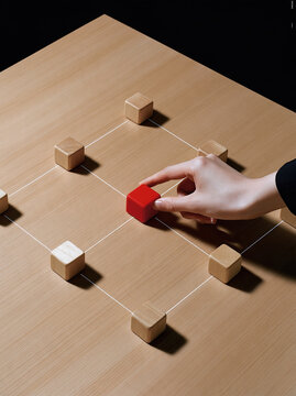 Workflow optimization concept viewed directly from above with hand moving red wooden block across connected grid, suggesting strategic planning