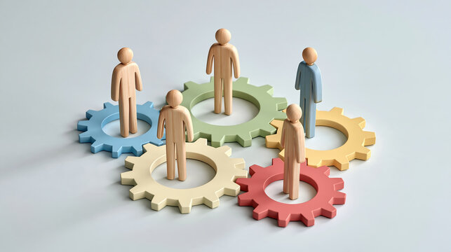 Workforce management concept featuring five wooden figure standing among colorful interlocking gear
