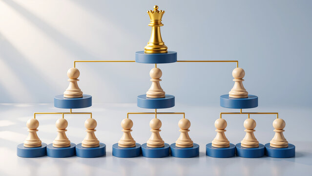 Corporate Hierarchy and Leadership Concept: Golden Chess Queen Leading Wooden Pawns in an Organizational Flowchart Structure