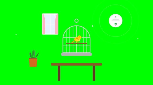 Animated yellow bird inside a cage on green screen background