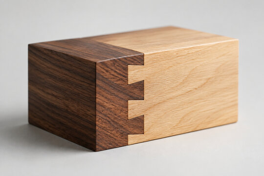 Two interlocking wooden dovetail joints forming a seamless rectangle, minimalist.