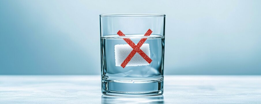A glass of clear water with a sugar cube inside marked by a red "X," symbolizing no sugar or sugar restriction in drinks.