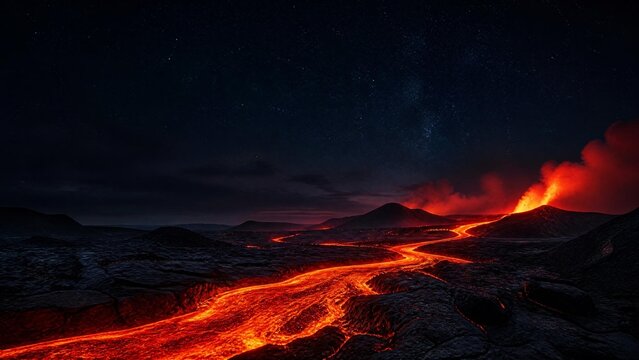 Glowing Lava Rivers Across Black Volcanic Landscape at Night