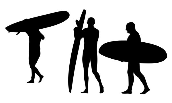 Black silhouettes of surfers carrying boards in varied poses, bold vector design symbolizing sport, lifestyle, and coastal culture.