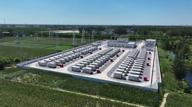 aerial view of outdoor large scale energy storage power station battery array