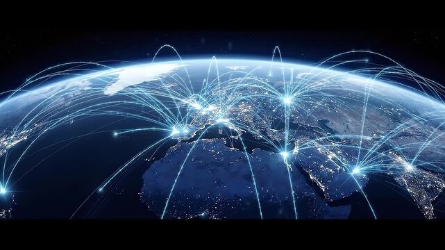 Global Network Artificial Intelligence Connecting Big Data Across Glowing World Map Through Digital Technology and Satellite Communication Routes, Expressing Worldwide Interconnected Intelligence