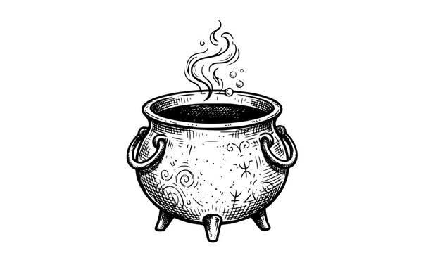 Hand Drawn Witch Cauldron with Steam and Ornament Sketch Style Halloween Illustration for Spooky and Magic Design