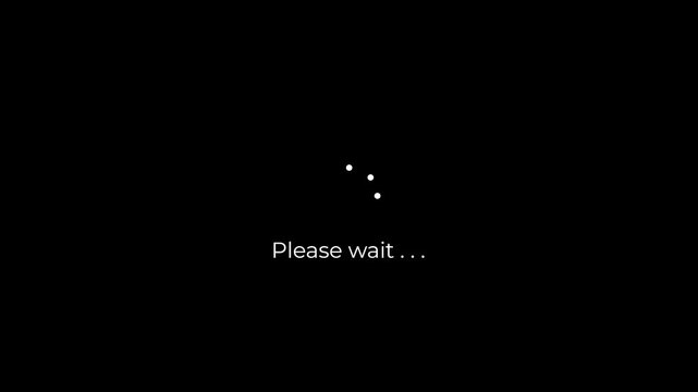 minimalist loading animation with rotating white dots circle and please wait text on dark background.