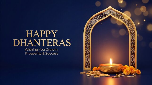 Happy dhanteras festival banner with golden diya lamp and ornate arch on dark blue