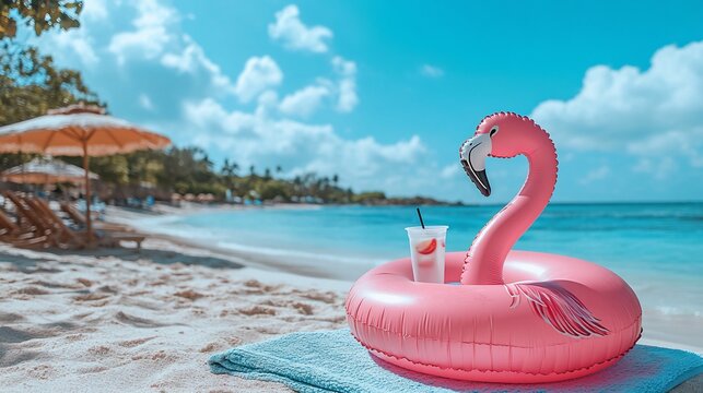 Pink flamingo floaty with drink on tropical beach