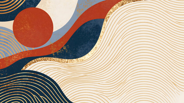 Modern minimalist Asian background with sun, waves, and gold foil accents
