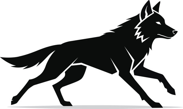 Black silhouette of a wolf jumping or running isolated on a white background for graphic design projects