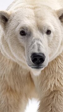 Polar bear standing powerfully isolated on white background, showcasing its thick fur coat. The bear exudes strength and beauty typical of arctic wildlife. Video made using Generative AI.