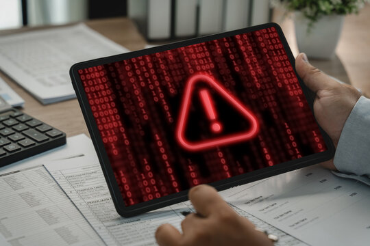 Businessman holding tablet with red cybersecurity warning and digital code, showing malware threat, virus infection, mobile device security alert and cyber risk.