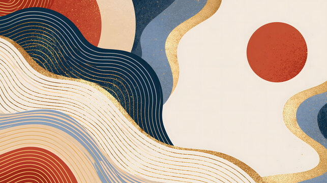 Modern minimalist Asian background with sun, waves, and gold foil accents