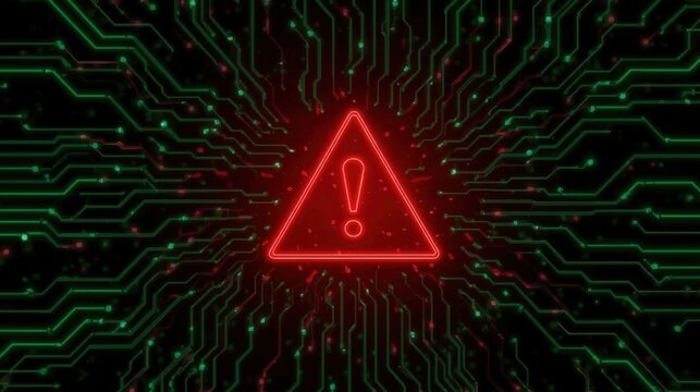Red glowing exclamation mark triangle set against a green circuit board pattern with glowing red lines radiating outward.
