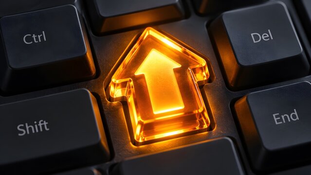 Glowing orange upward arrow key on black computer keyboard for software update and system upgrade concept