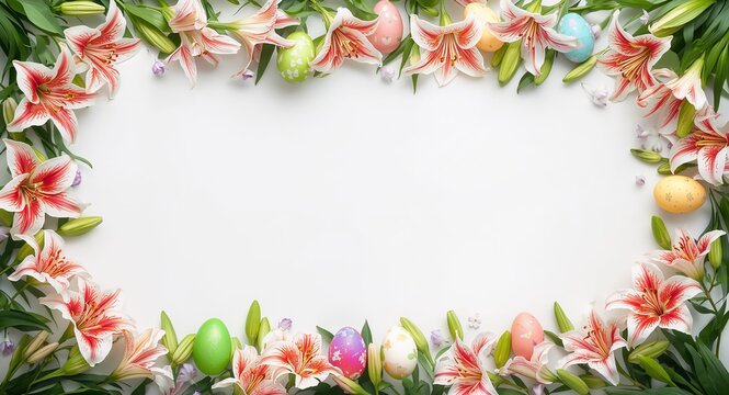 Easter cross and lilies border frame with sacred copy space for Easter concept as Graceful Easter cross and elegant lilies framing sacred space for Easter messages