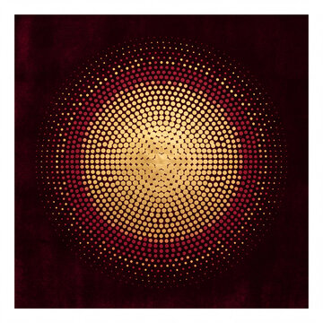 Abstract concentric circle mandala background with golden and red halftone dot pattern gradient on a dark burgundy velvet texture.