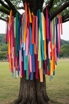 A tree adorned with numerous colorful fabric strips hanging from its branches, set in a grassy outdoor area with hills in the background.